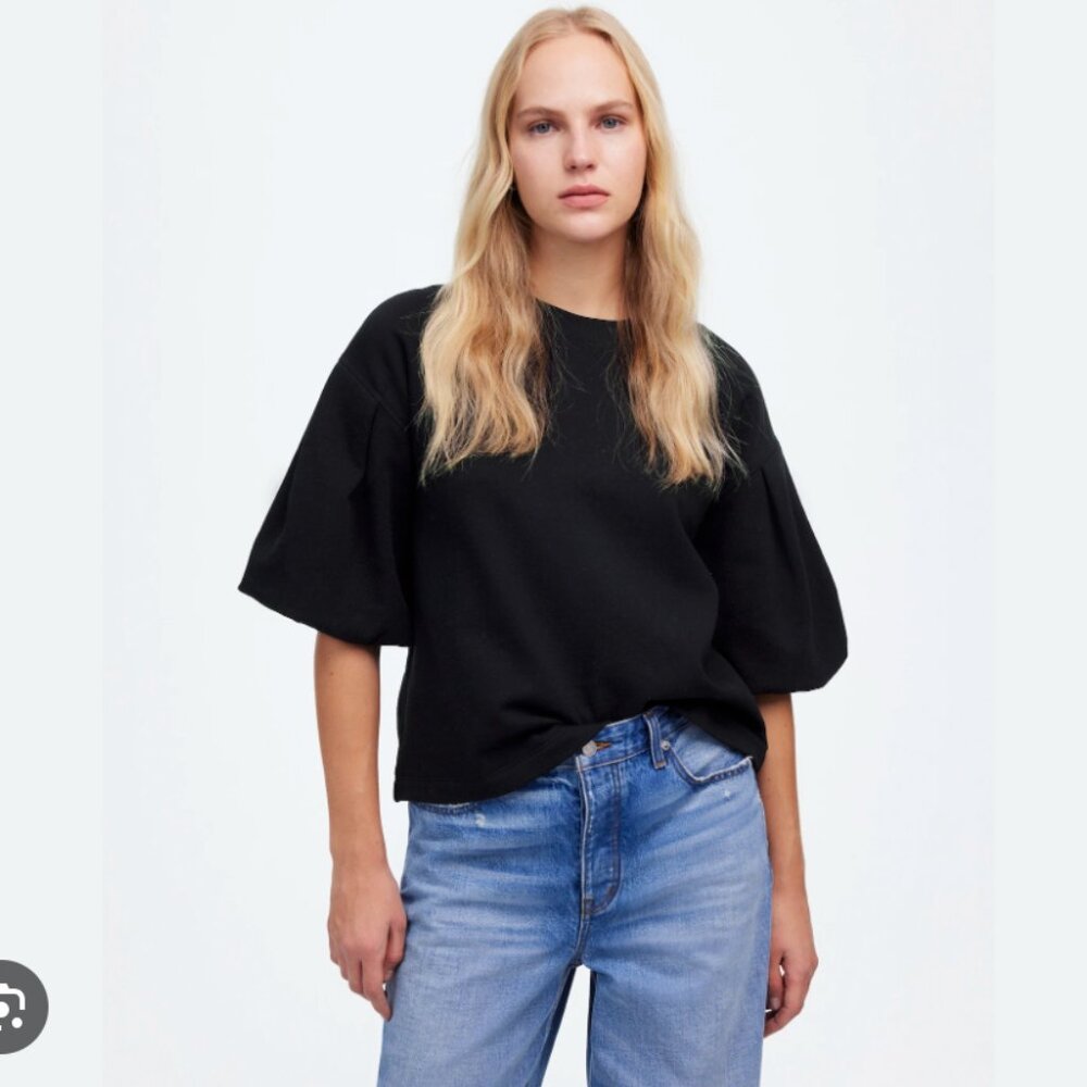 Madewell Puff Sleeve Sweatshirt Tee Women's Small Jet Black Cotton Boxy NEW NWT